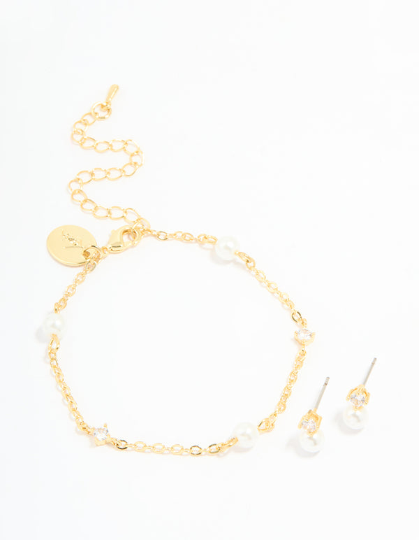Gold Plated Cubic Zirconia Pearl Bracelet & Earrings Set