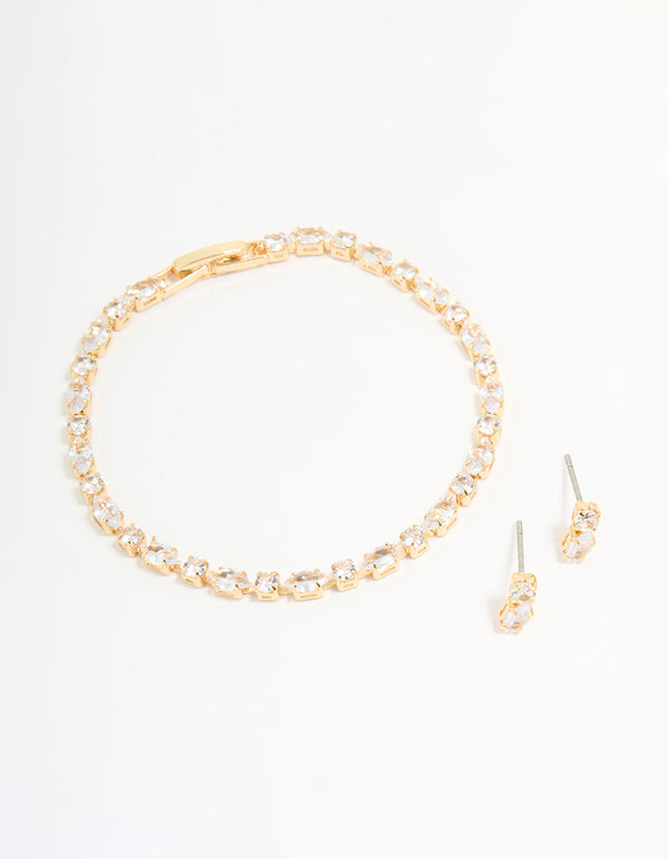 Gold Plated Cubic Zirconia Marquise Stretch Tennis Bracelet & Earrings Set