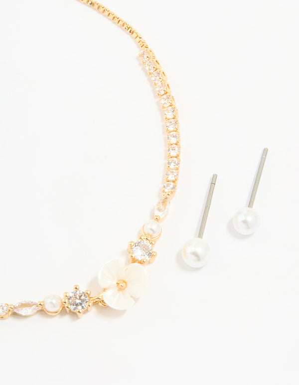 Gold Plated Cubic Zirconia Acrylic Flower Toggle Bracelet & Earrings Set