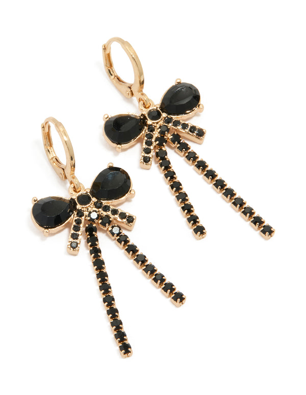Gold Black Diamante Cupchain & Bow Drop Earrings
