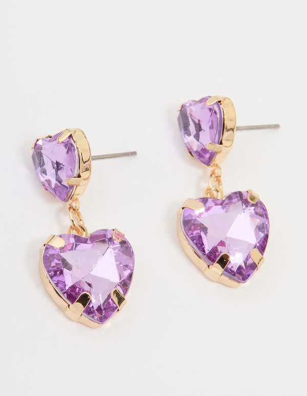 Gold Purple Diamante Heart Drop Earrings