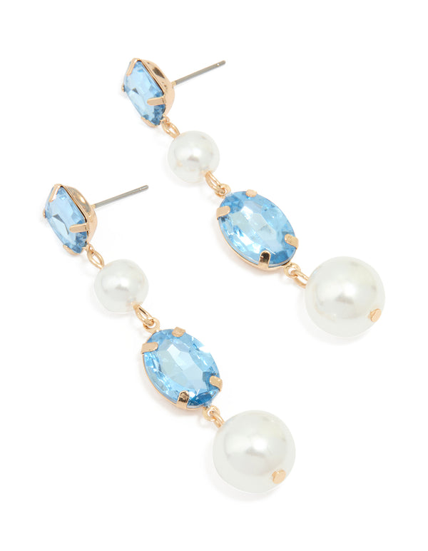 Gold Blue Diamante Pearl Long Drop Earrings