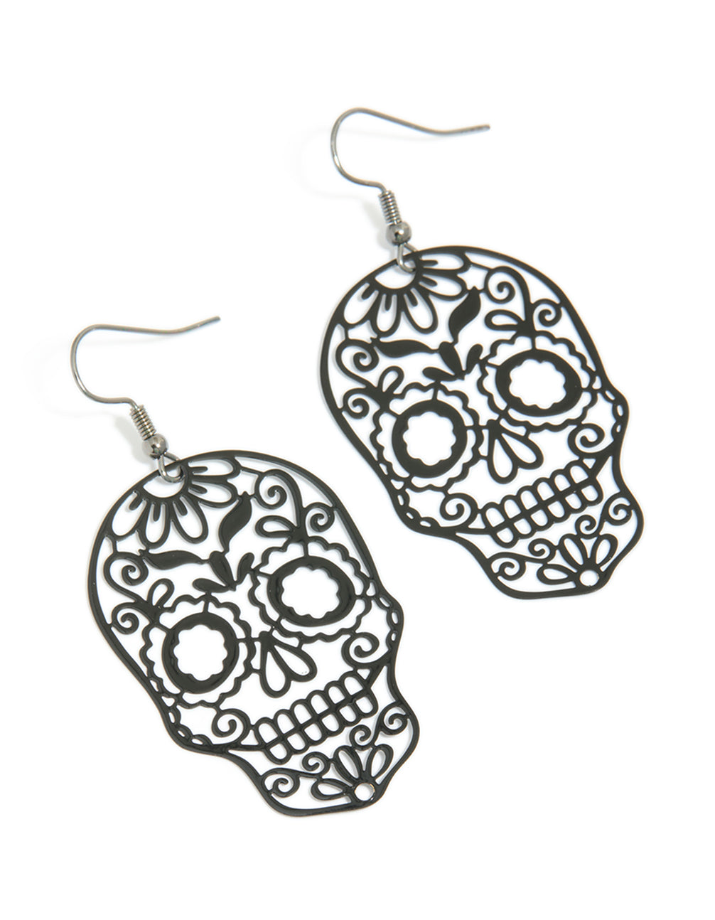 Black Coated Metal Skeleton Face Drop Earrings