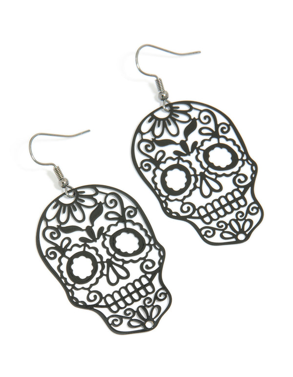 Black Coated Metal Skeleton Face Drop Earrings