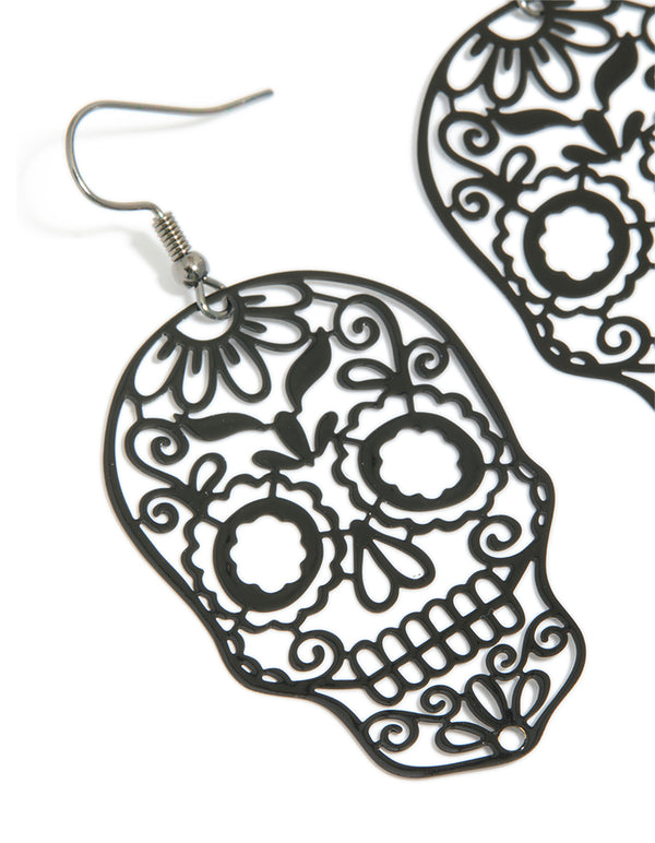 Black Coated Metal Skeleton Face Drop Earrings