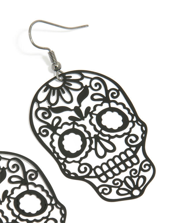 Black Coated Metal Skeleton Face Drop Earrings
