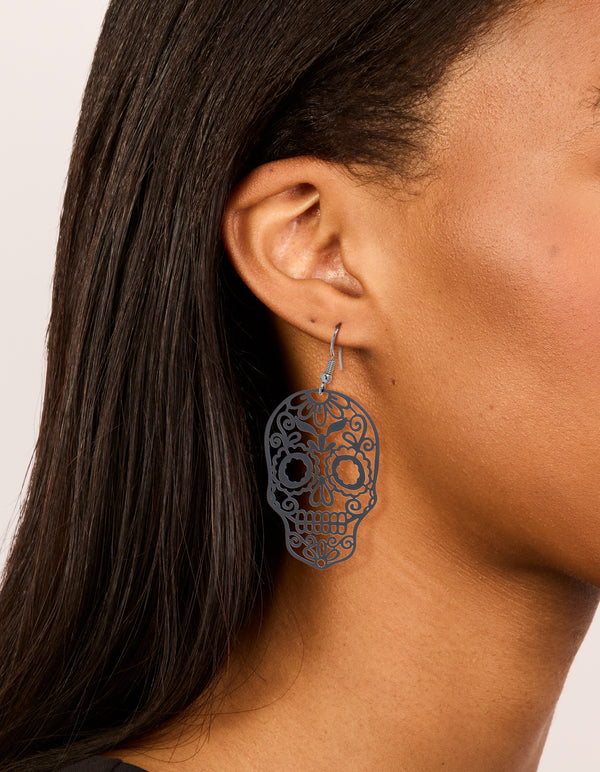 Black Coated Metal Skeleton Face Drop Earrings