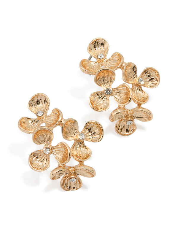 Gold Diamante Textured Flower Stud Earrings