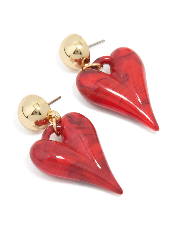 Gold Red Bubble Heart Drop Earrings