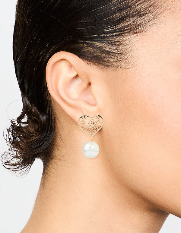 Gold Pearl Textured Heart Drop Earrings