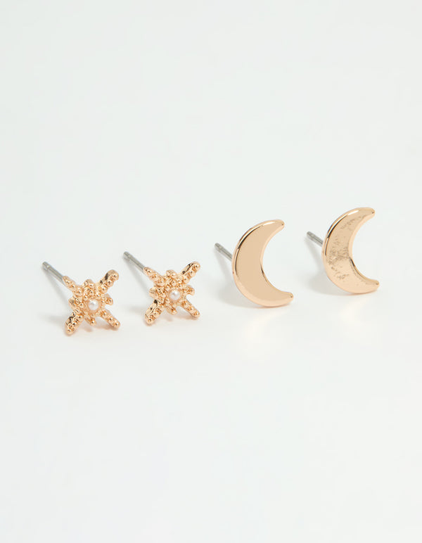 Gold Pearl Celestial Stud Earrings 2-Pack
