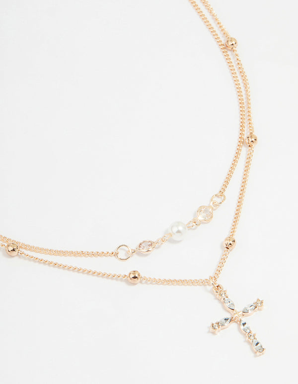 Rose Gold Beaded Diamante Cross Layered Necklace