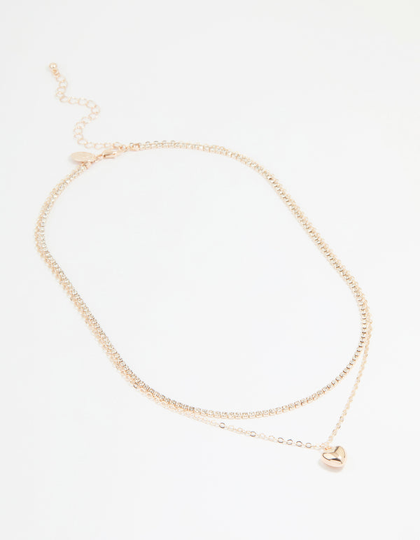 Rose Gold Diamante Cupchain & Puffy Heart Layered Necklace