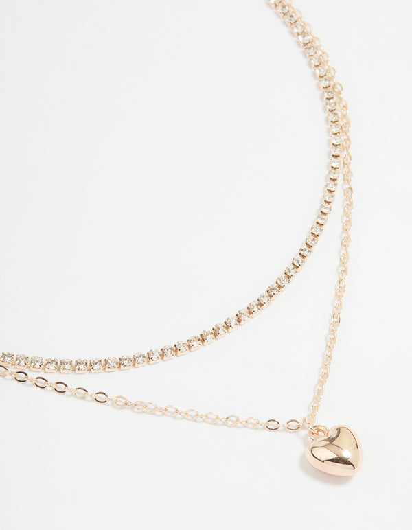 Rose Gold Diamante Cupchain & Puffy Heart Layered Necklace
