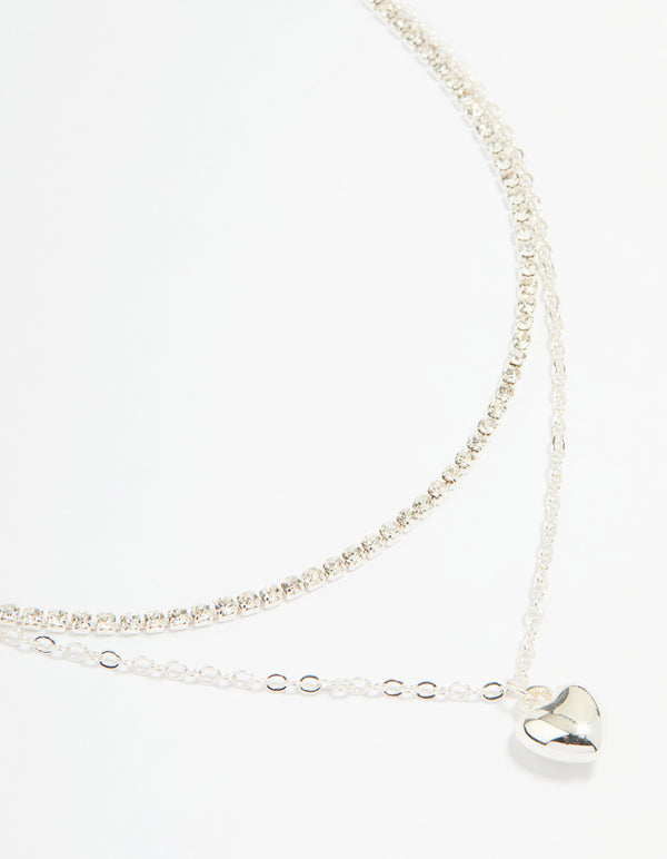 Silver Diamante Cupchain & Puffy Heart Layered Necklace