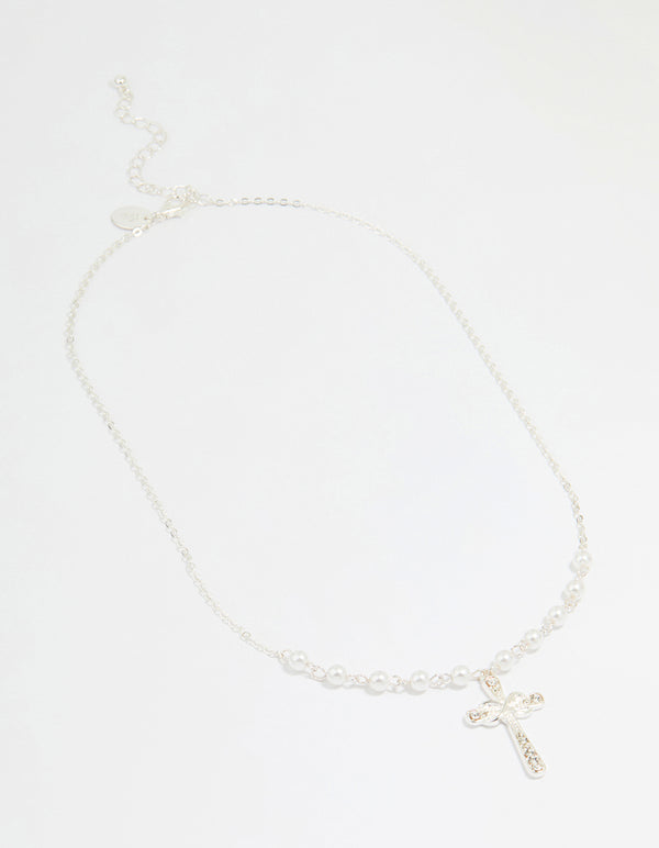 Silver Pearl Diamante Cross Pendant Necklace