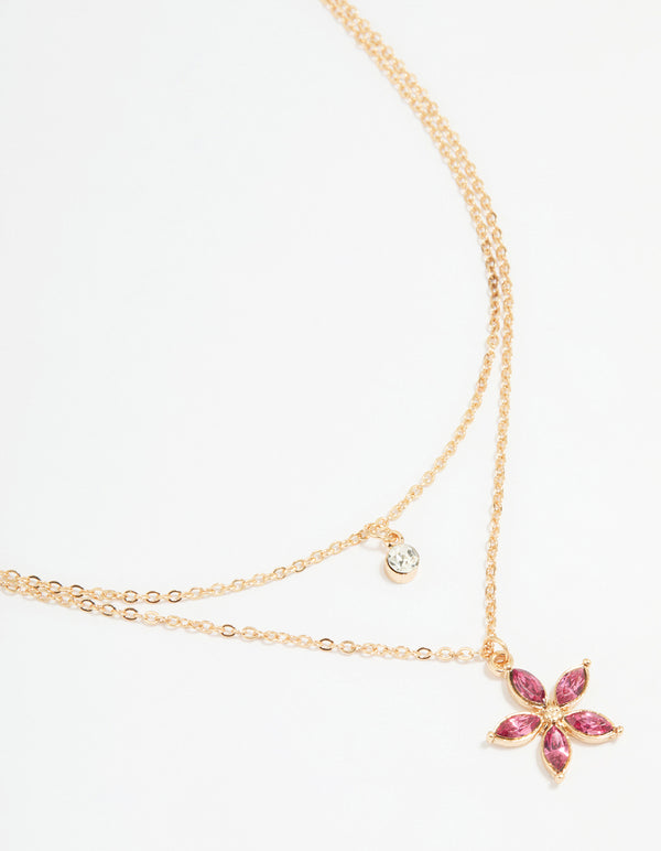 Gold Diamante Pendant & Flower Layered Necklace