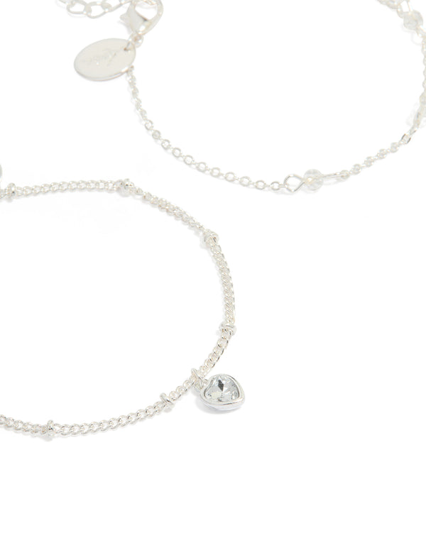 Silver Heart Charm & Stone Bracelets 2-Pack