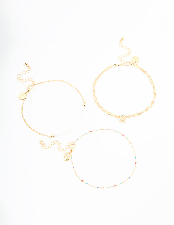Gold Pearl & Fish Anklets 3-Pack