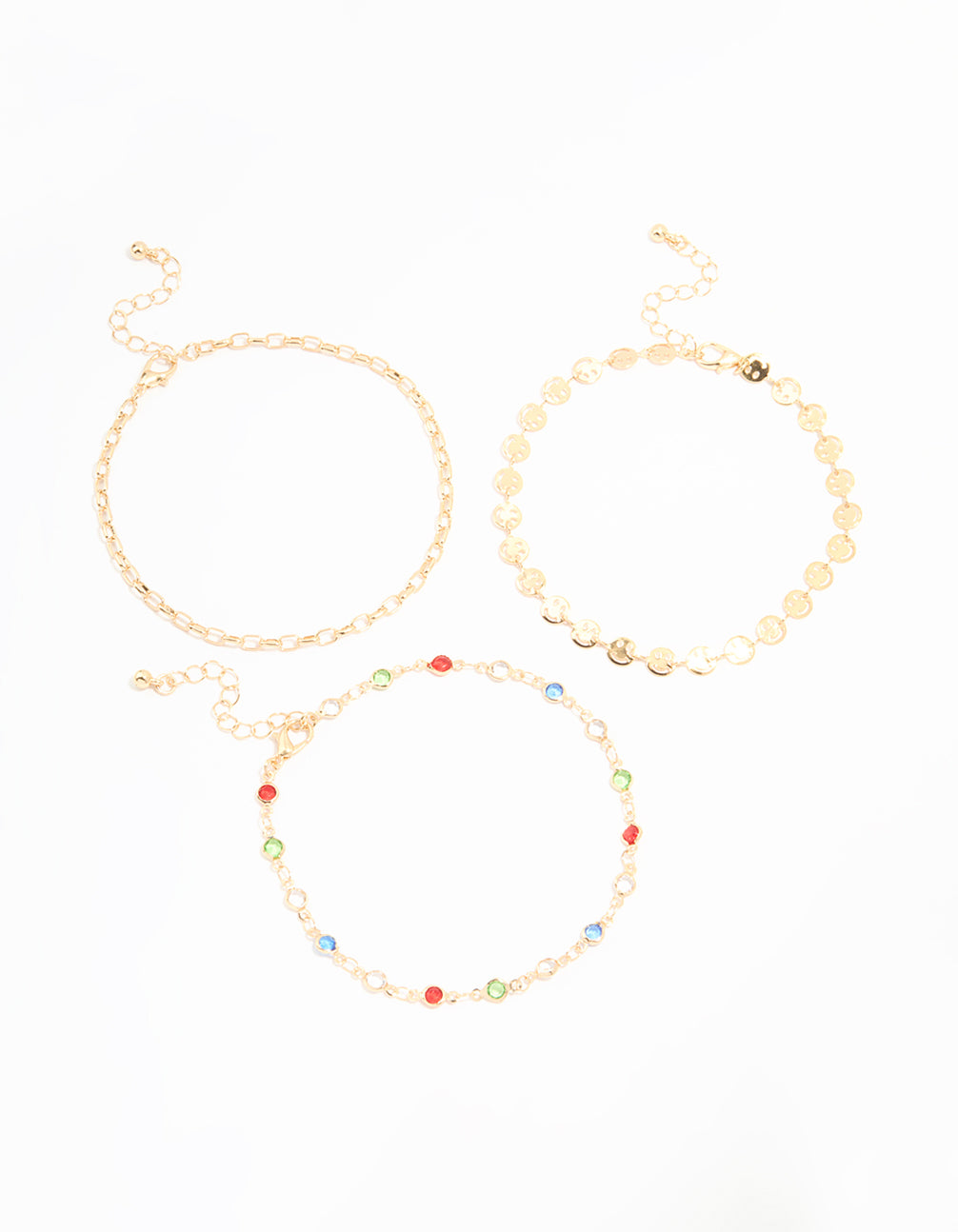 Gold Rainbow Stone & Chain Anklets 3-Pack