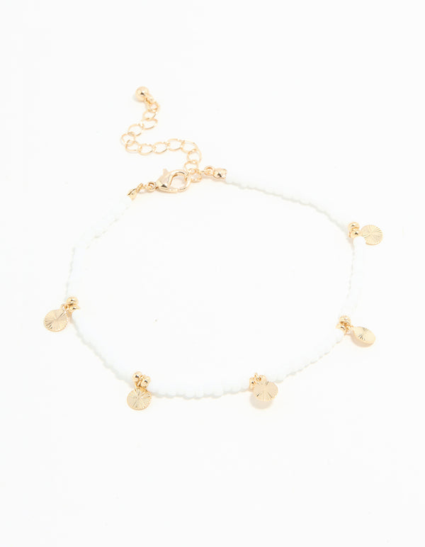 White Seed Beaded Coin Charm Anklet