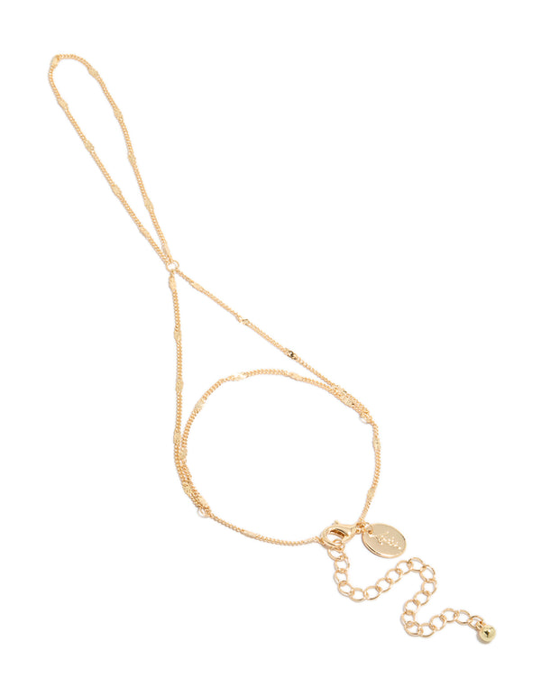 Showcasing a gold fine chain hand chain in a dainty style front view
