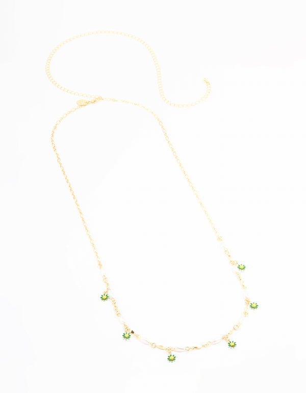 Gold Pearl & Green Flowers Waist Chain