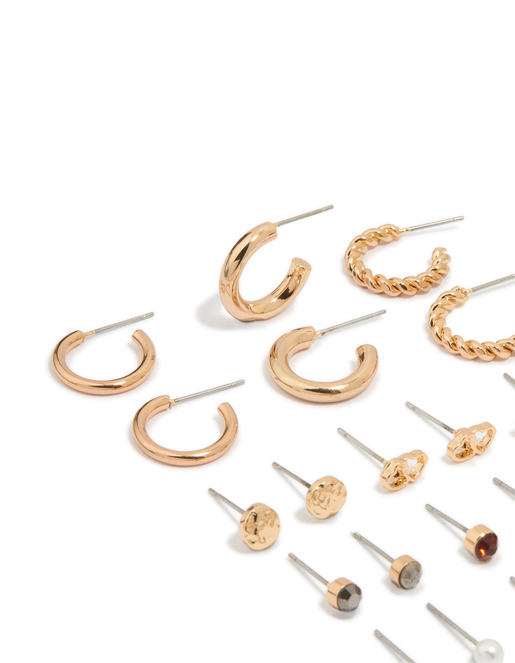Gold Twisted Hoop & Classic Stud Earrings 12-Pack