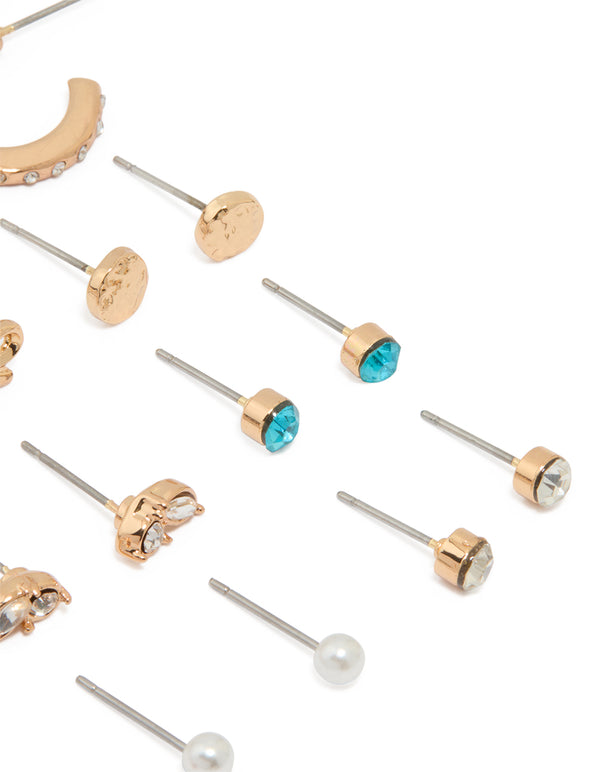 Gold Heart & Bow Stud & Hoop Earrings 12-Pack