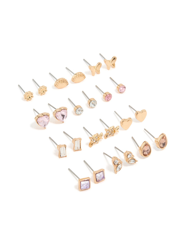 Gold Shell & Heart Mixed Earrings 12-Pack
