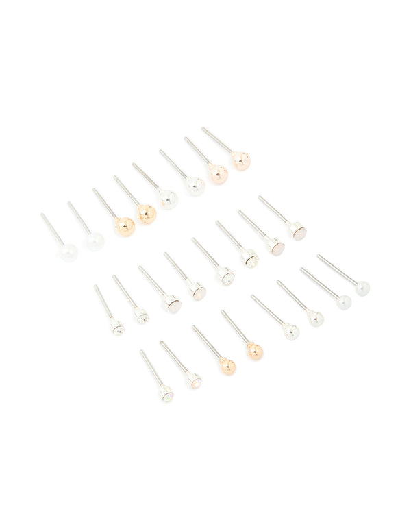 Silver Mixed Basic Stud Earrings 12-Pack