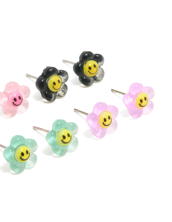 Multicoloured Acrylic Smiley Flower Stud Earrings 8-Pack