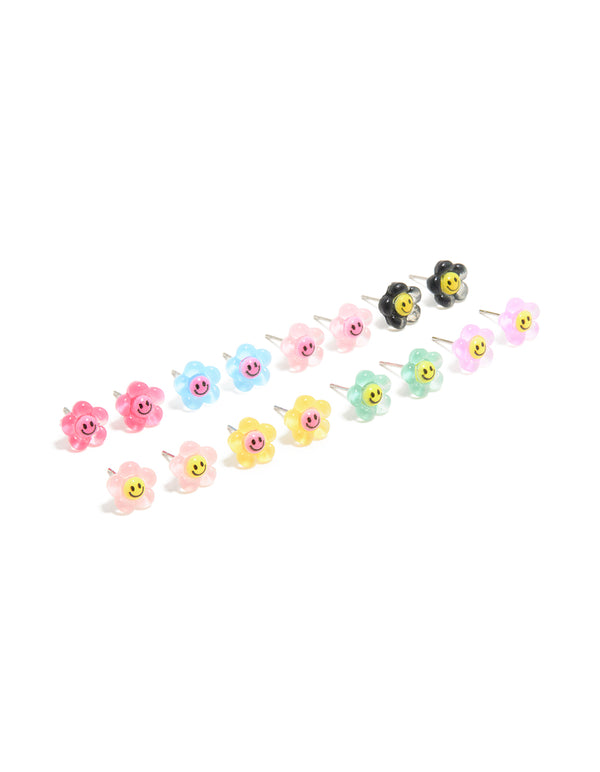 Multicoloured Acrylic Smiley Flower Stud Earrings 8-Pack