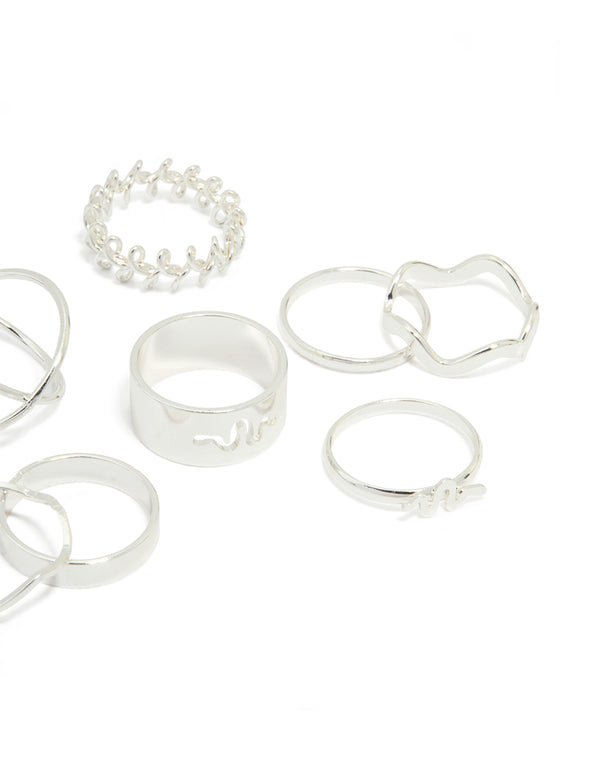 Silver Snake & Wavy Rings 8-Pack