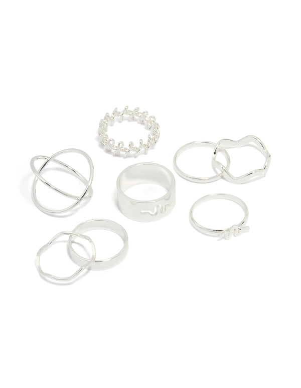 Silver Snake & Wavy Rings 8-Pack