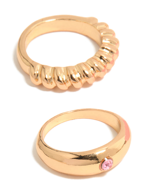 Gold Pink Acrylic & Diamante Rings 5-Pack