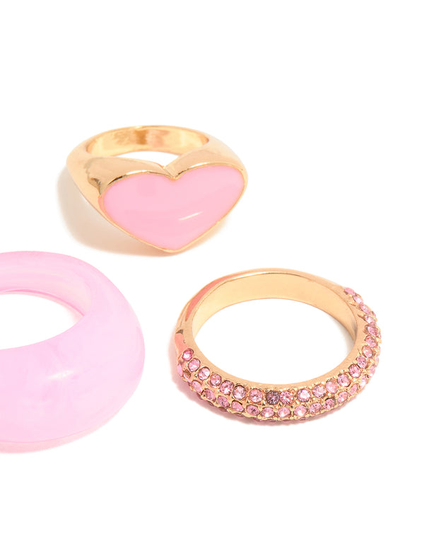 Gold Pink Acrylic & Diamante Rings 5-Pack