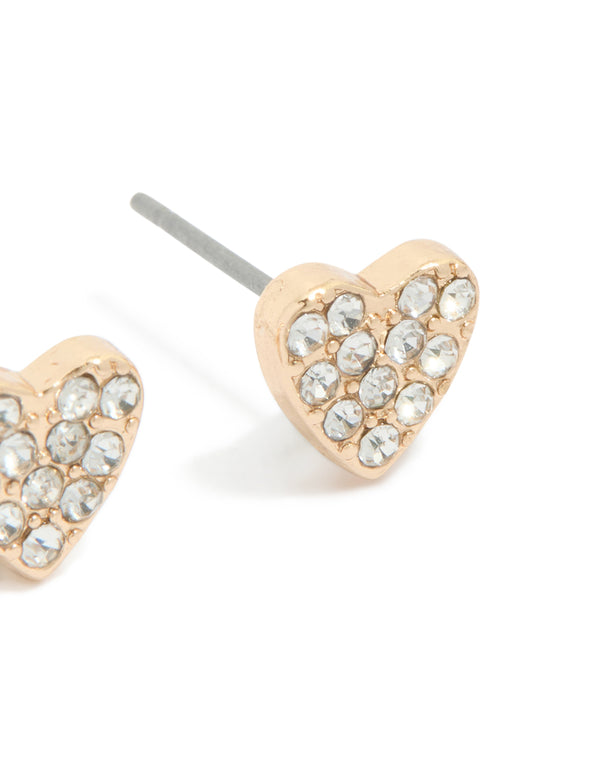 Gold Diamante Heart Stud Earrings