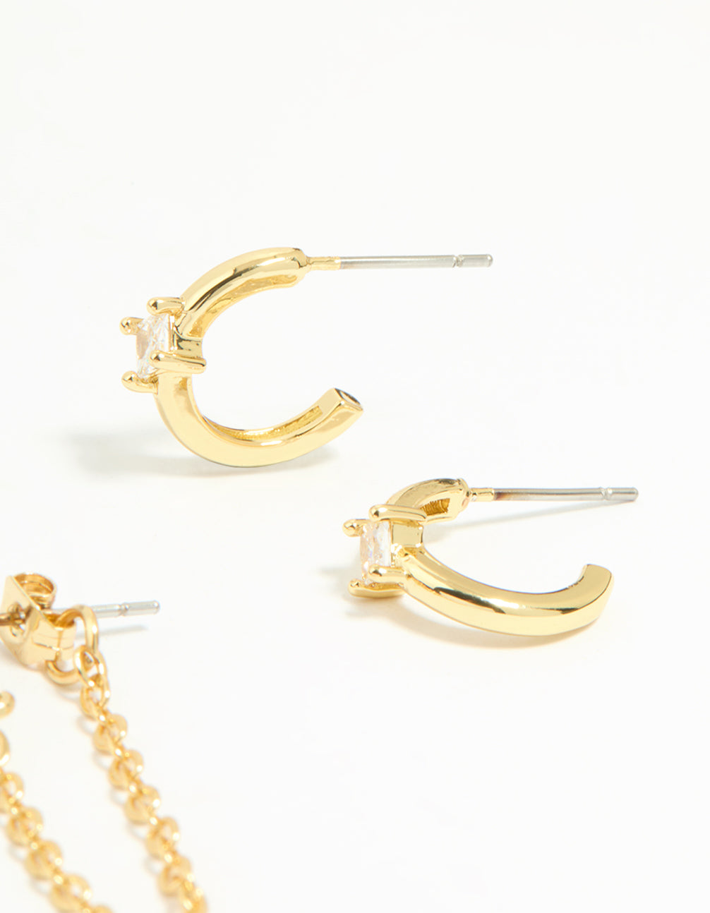 Gold Plated Cubic Zirconia Stud & Chain Earrings 4-Pack