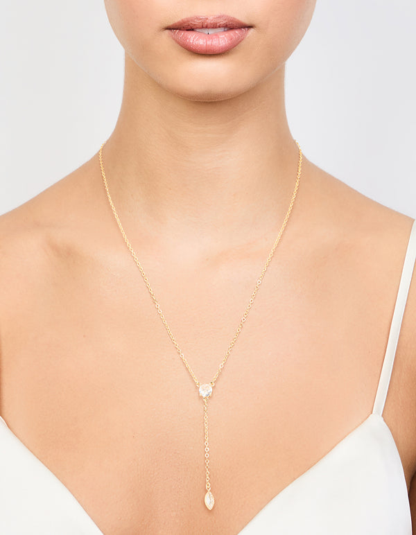 Gold Plated Cubic Zirconia Fine Chain Drop Y-Necklace