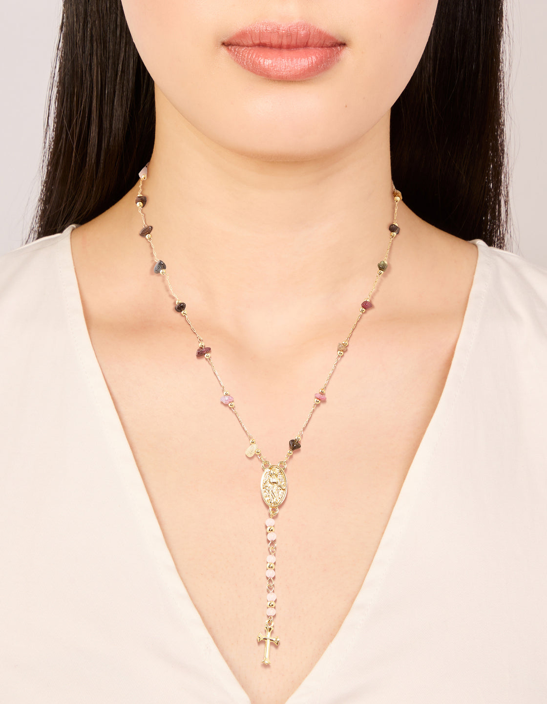 Gold Plated Semi Precious Dainty Cross Y-Necklace