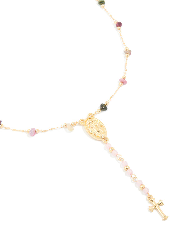 Gold Plated Semi Precious Dainty Cross Y-Necklace
