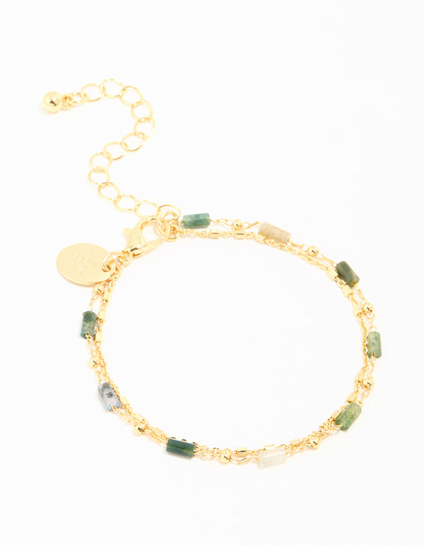 Gold Plated Green Semi Precious Stone Layered Chain Bracelet