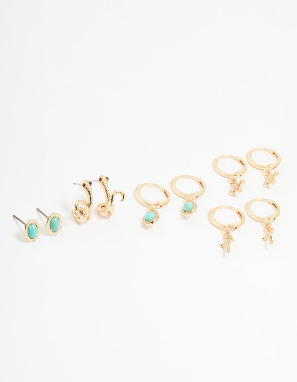 Gold Cross, Dagger & Snake Earrings 6-Pack