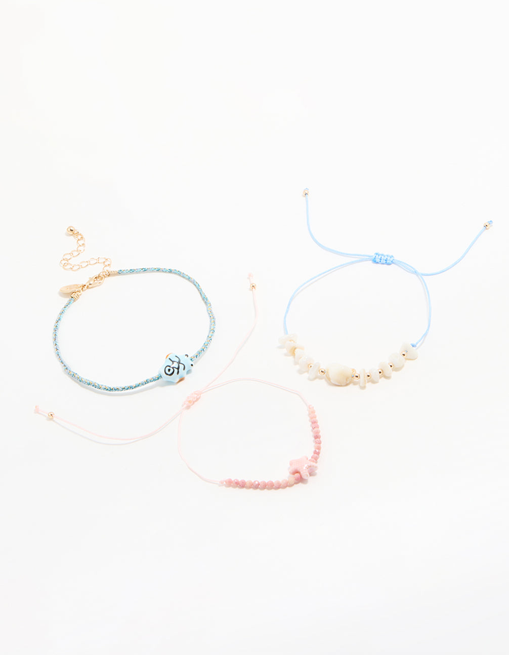Gold Beaded Rope Shell & Fish Anklets 3-Pack