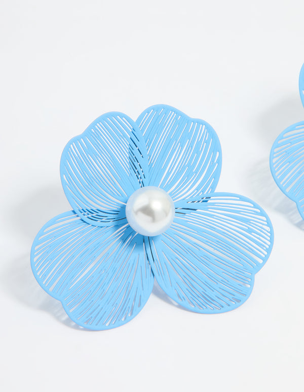 Gold Blue Laser Cut Flower Pearl Stud Earrings