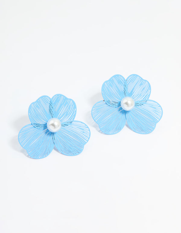 Gold Blue Laser Cut Flower Pearl Stud Earrings