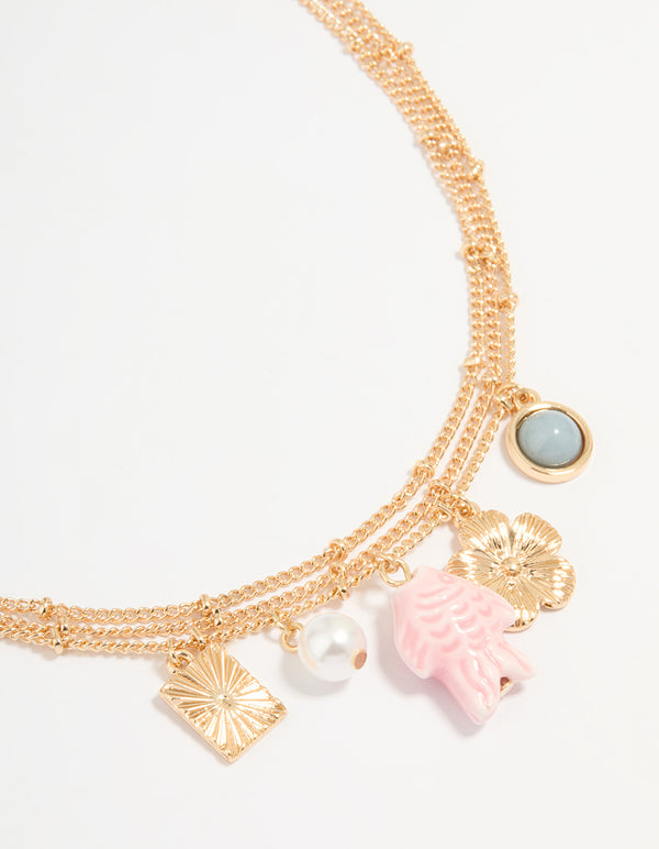 Gold Fish & Flower Charm Necklace