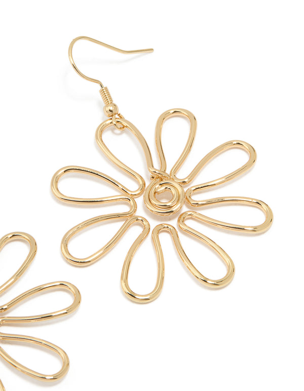 Gold Open Flower Drop Earrings