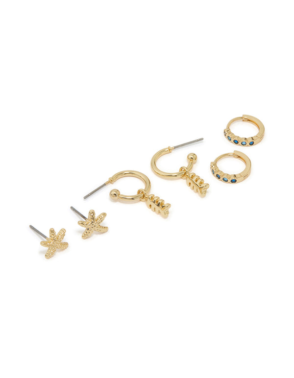 Gold Plated Green Cubic Zirconia & Starfish Earrings 3-Pack